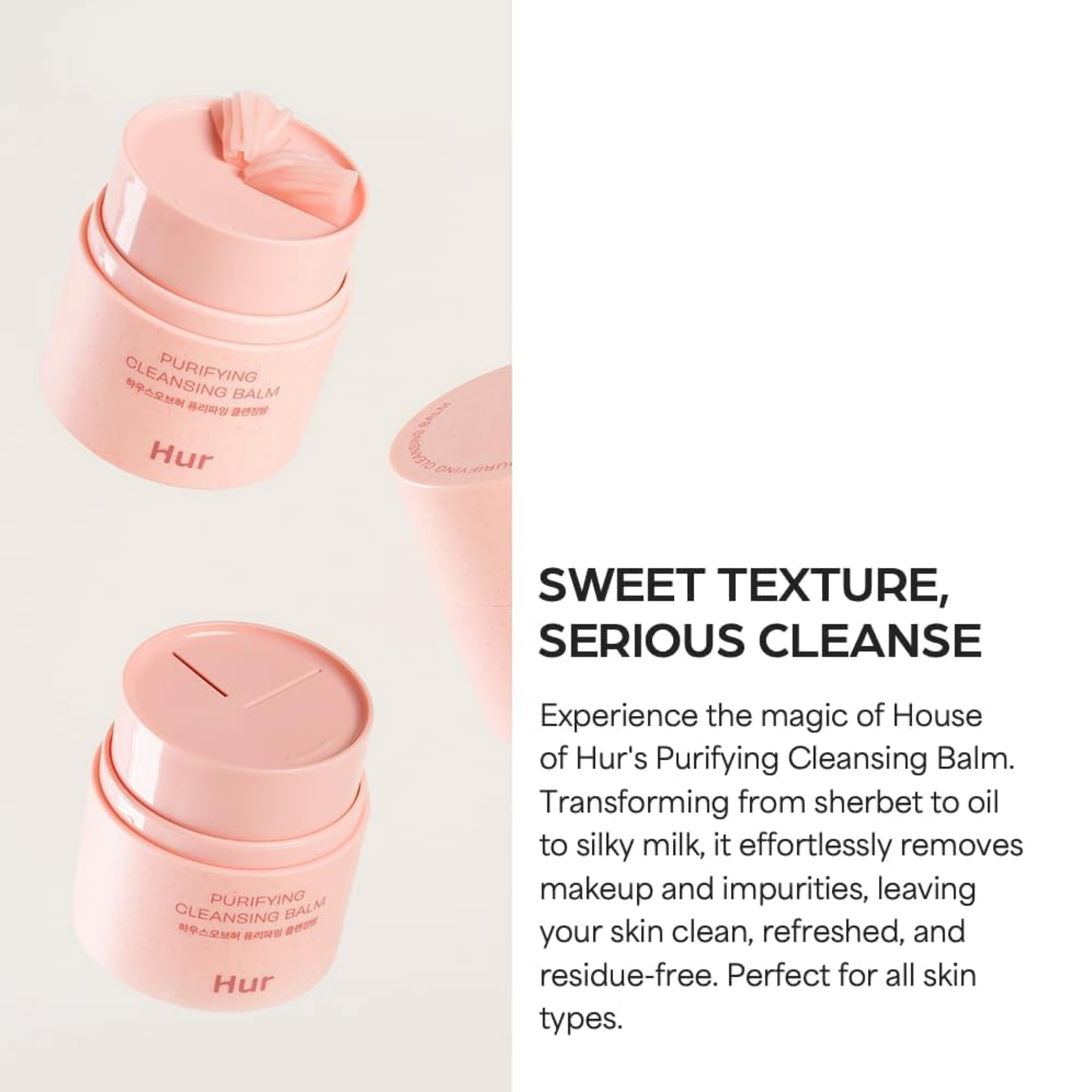 Pink cleansing balm container with text on a light gray background