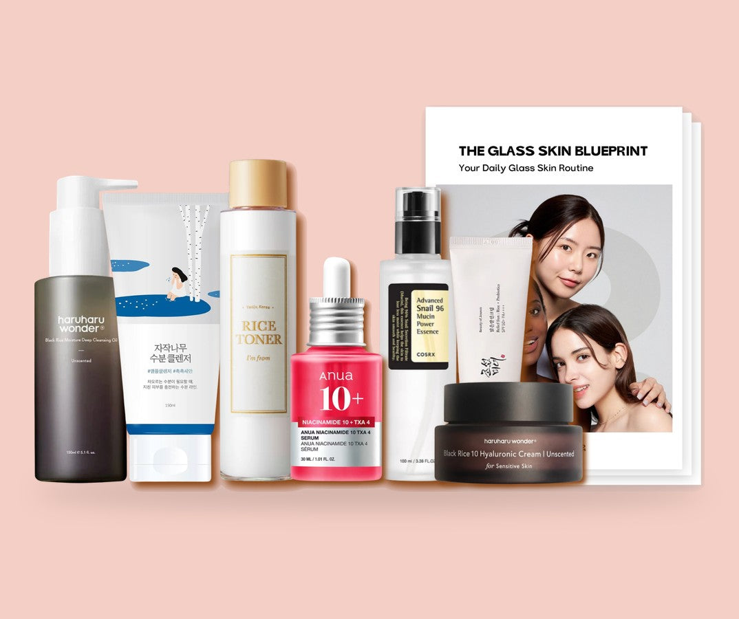 The seven Glass Skin Blueprint products with the printed Blueprint Cards