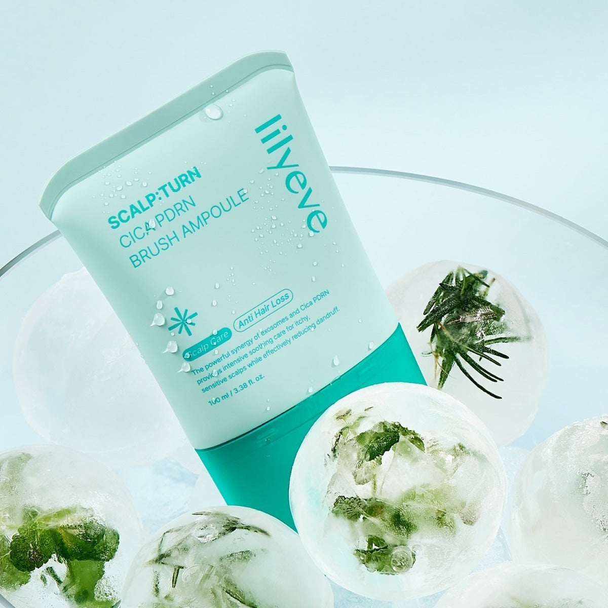 Lilyeve SCALP:TURN Cica PDRN Brush Ampoule on ice with mint