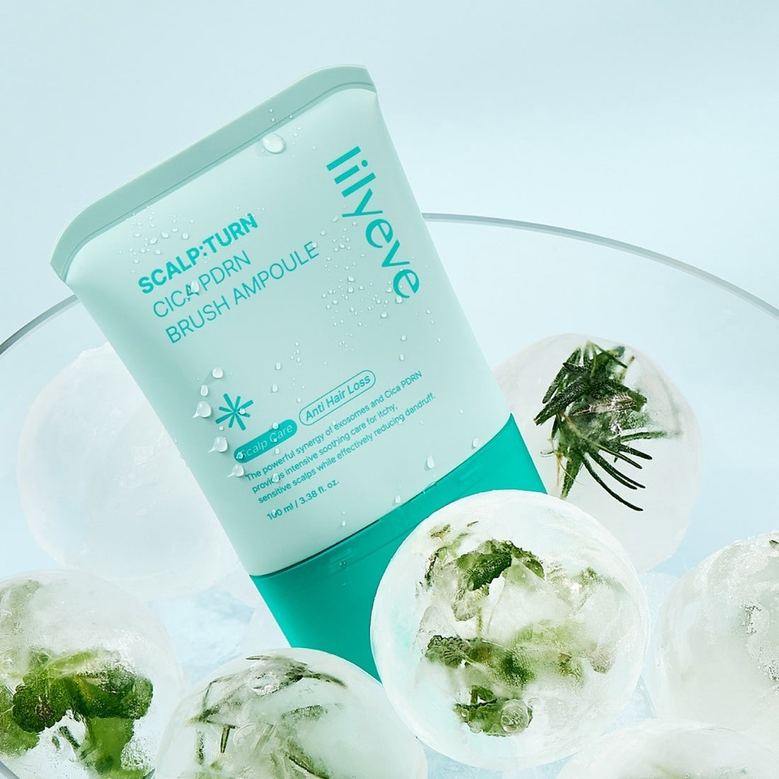 Lilyeve SCALP:TURN Cica PDRN Brush Ampoule on ice with mint