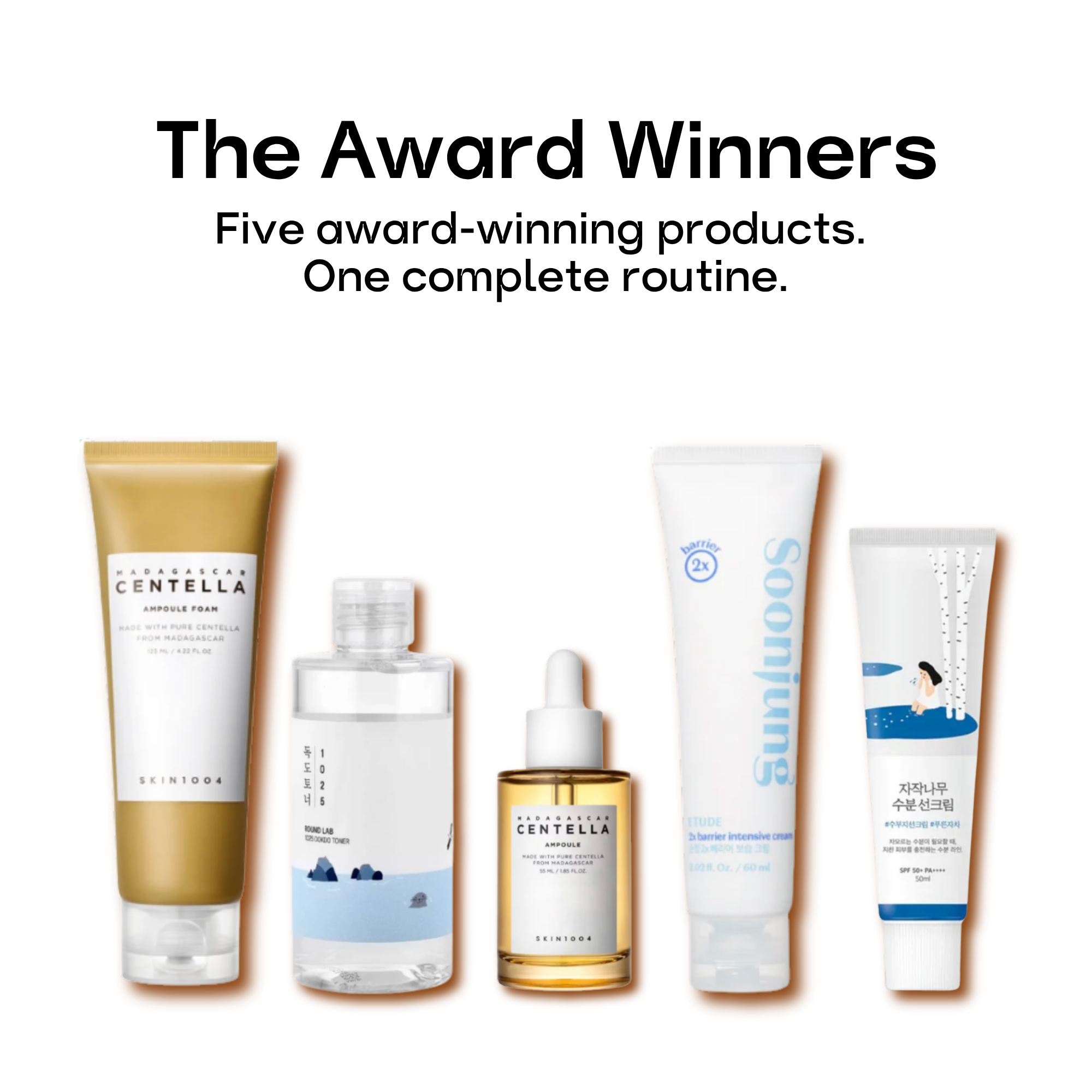 The Award Winners Korean skincare set: SKIN1004 Centella Ampoule Foam, Round Lab 1025 Dokdo Toner, SKIN1004 Centella Ampoule, ETUDE SoonJung 2x Barrier Cream and Round Lab Birch Juice Sunscreen"