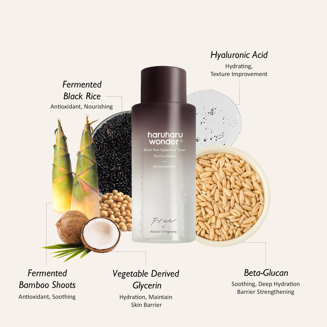 Haruharu Wonder Black Rice Hyaluronic Toner for Sensitive Skin ingredients graphic: fermented black rice, bamboo shoots, hyaluronic acid, vegetable glycerin and beta-glucan